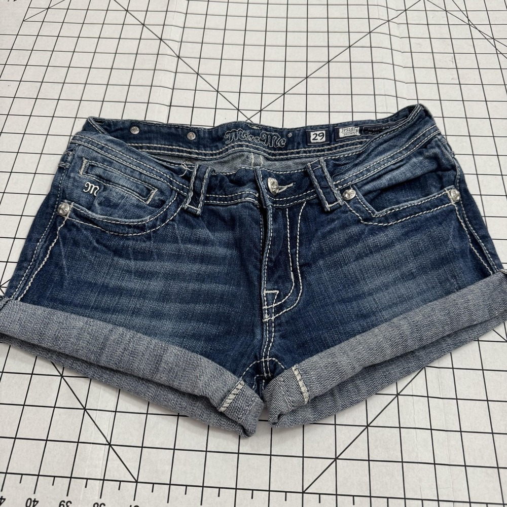 Miss Me Shorts Womens 29 Blue Denim Cuffed Hot Pants Fleur De Lis Pockets JP5187 - Picture 3 of 3